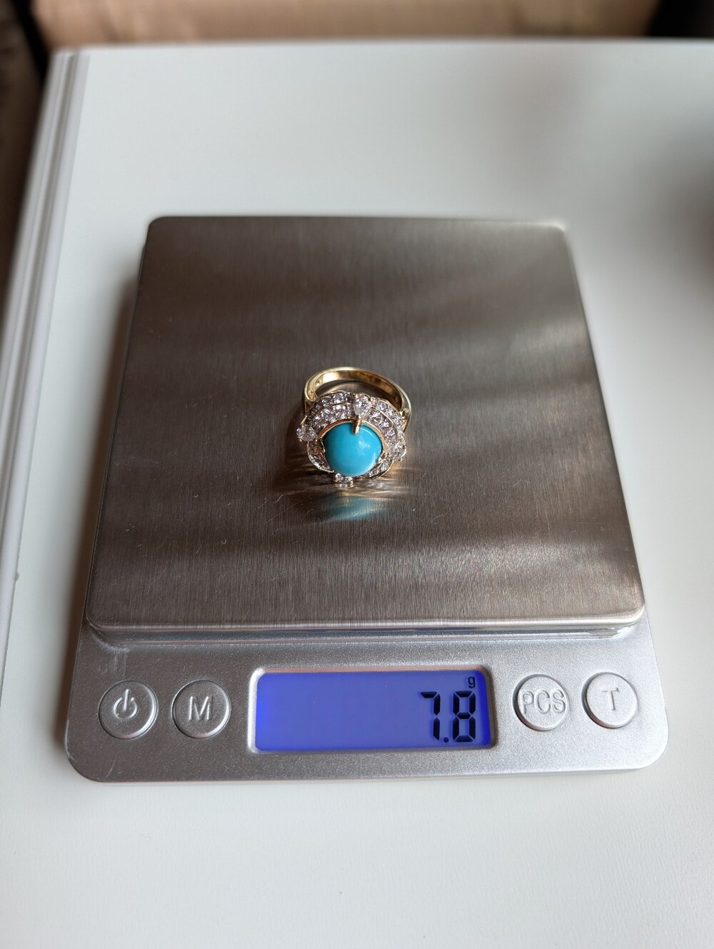 Sleeping Beauty Turquoise Halo 925 Sterling Silver Gold Plated Cocktail Ring, 7 - Picture 10 of 13